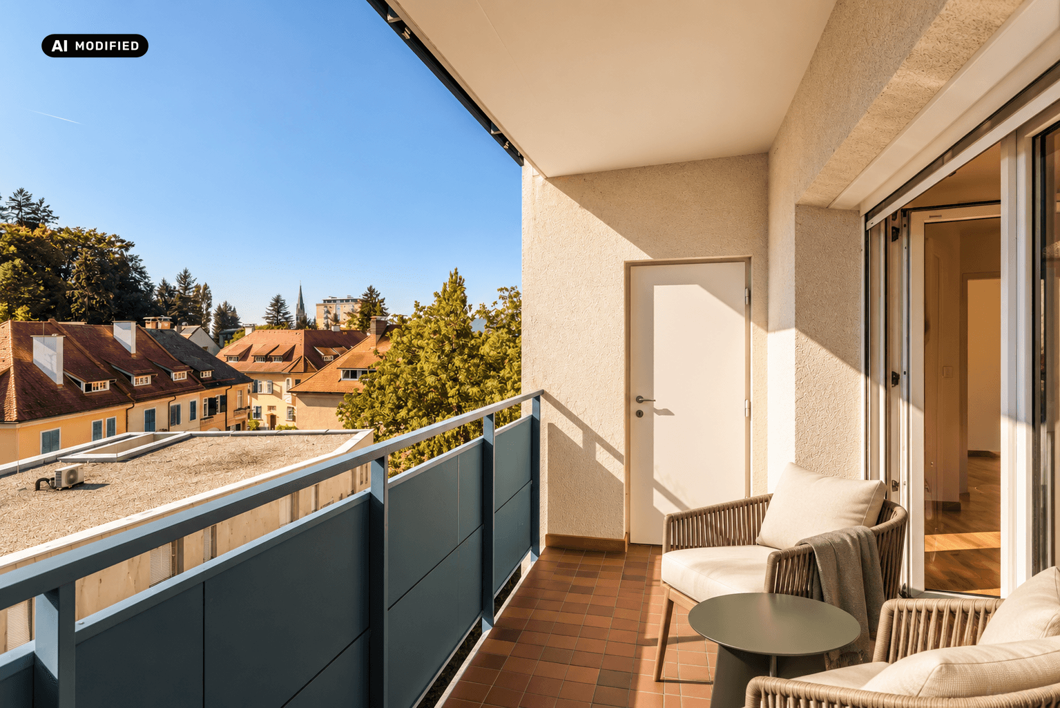 Möblierter Balkon mit Stadtblick und Sitzgelegenheiten unter blauem Himmel.