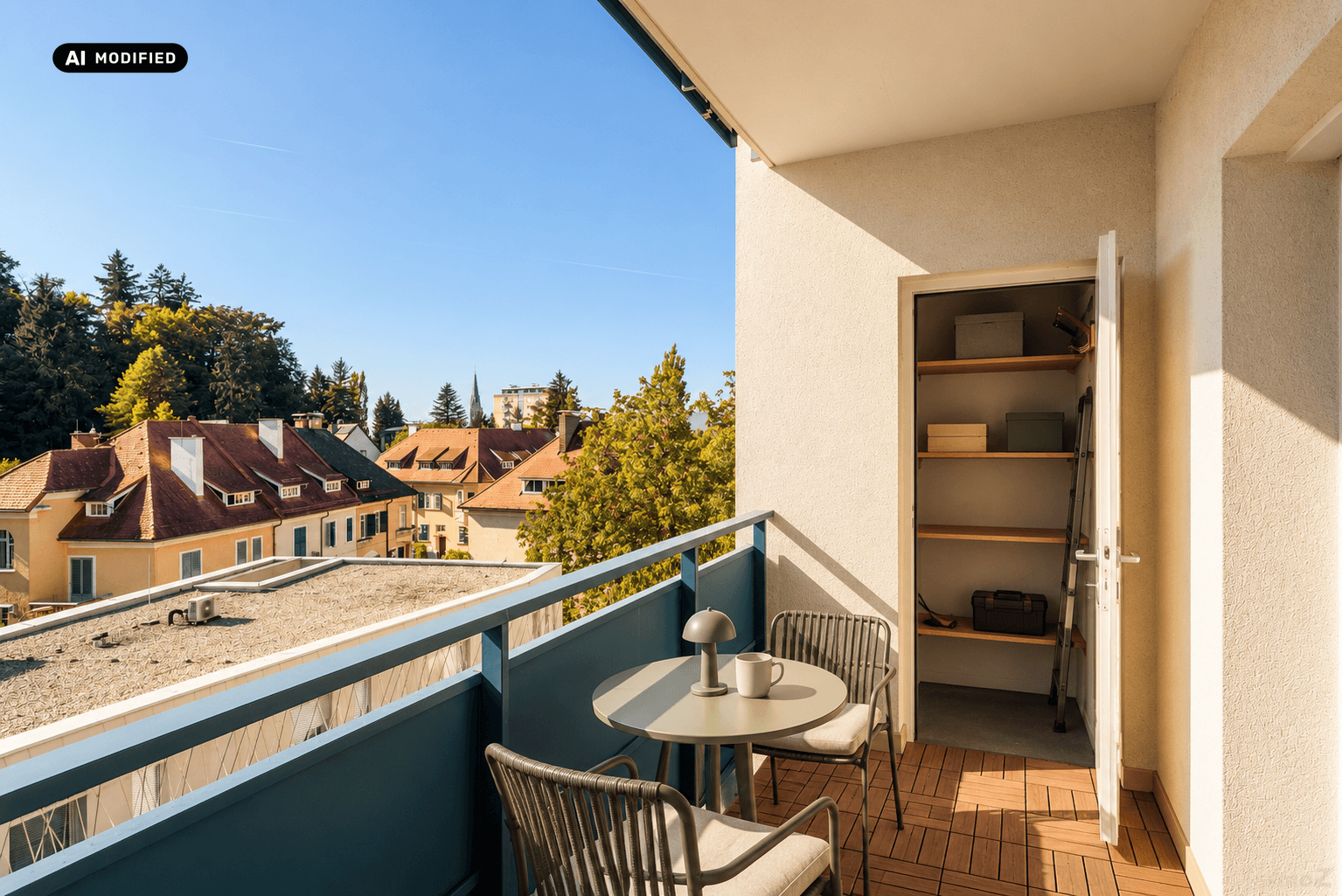 Möblierter Balkon mit Holzboden und integriertem Abstellraum, bietet Stadtblick.