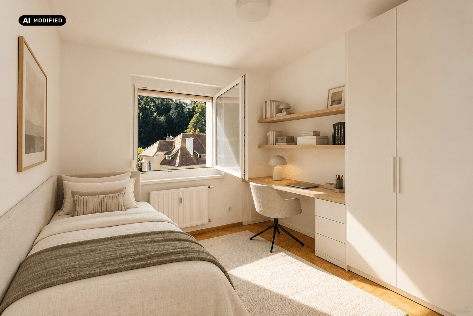 Helles Schlafzimmer mit Einzelbett, Schreibtisch und Kleiderschrank, bietet Grünblick.