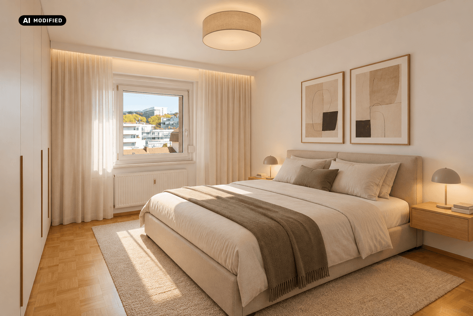 Modernes Schlafzimmer mit Doppelbett, Nachttischen und Einbauschränken.
