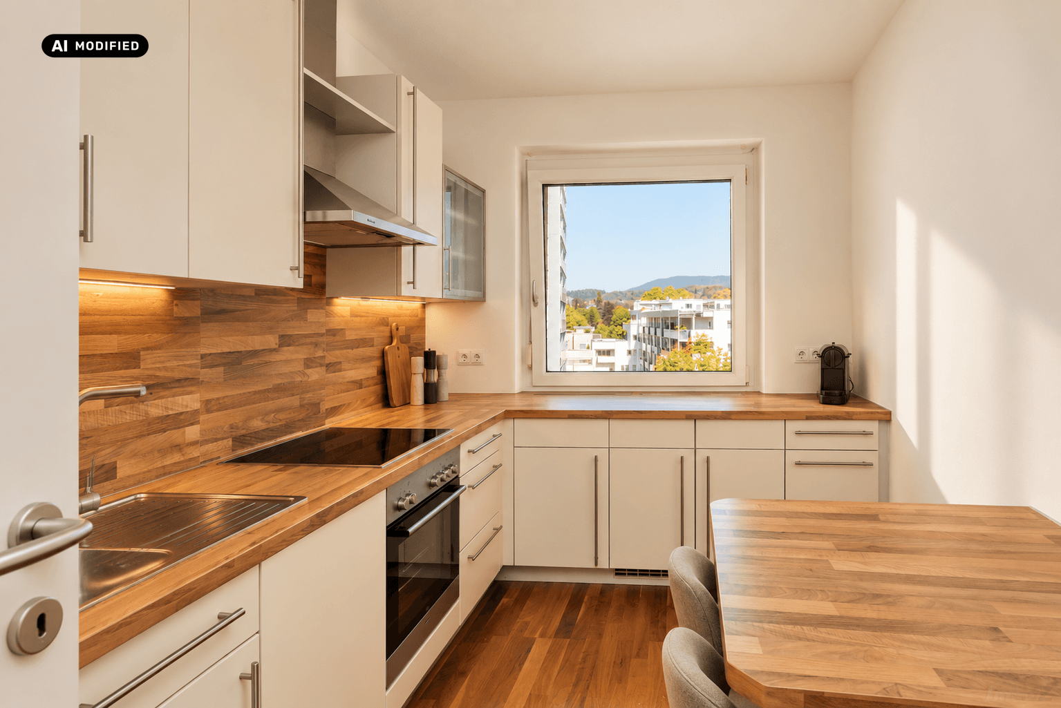 Moderne Küche mit Holzarbeitsplatten, weißen Schränken und Essbereich am Fenster.