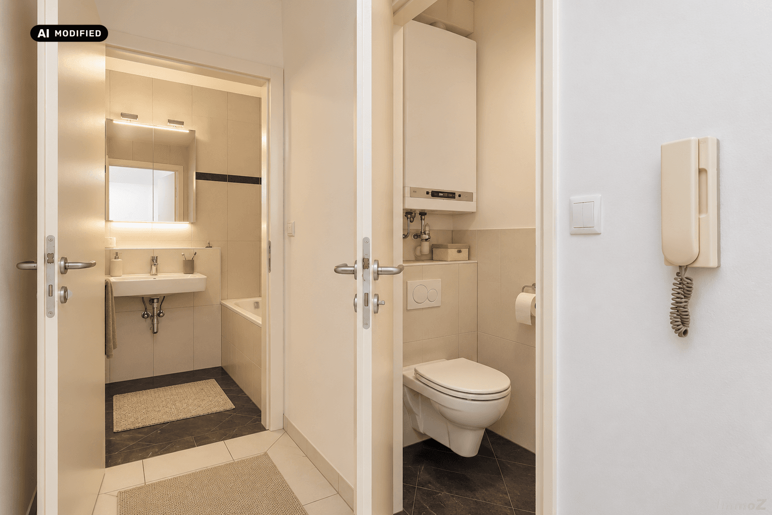 Flur mit Zugang zu einem modernen Badezimmer und separatem Gäste-WC.