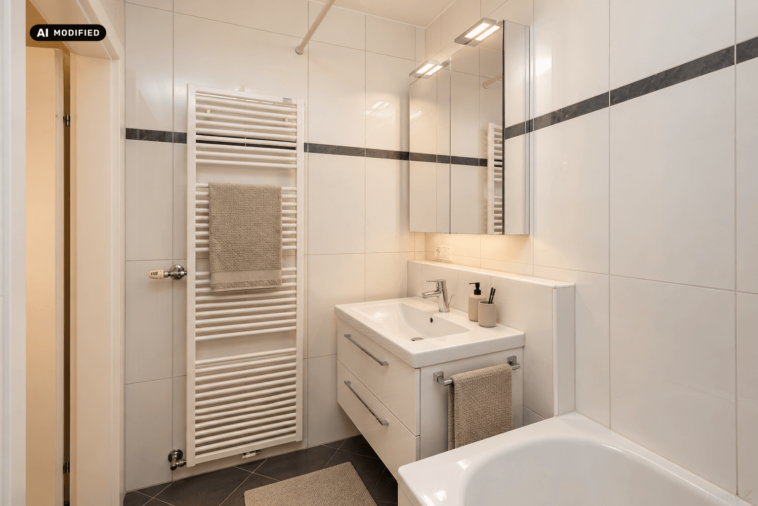 Modernes Badezimmer mit Badewanne, Einzelwaschbecken und beheiztem Handtuchhalter.