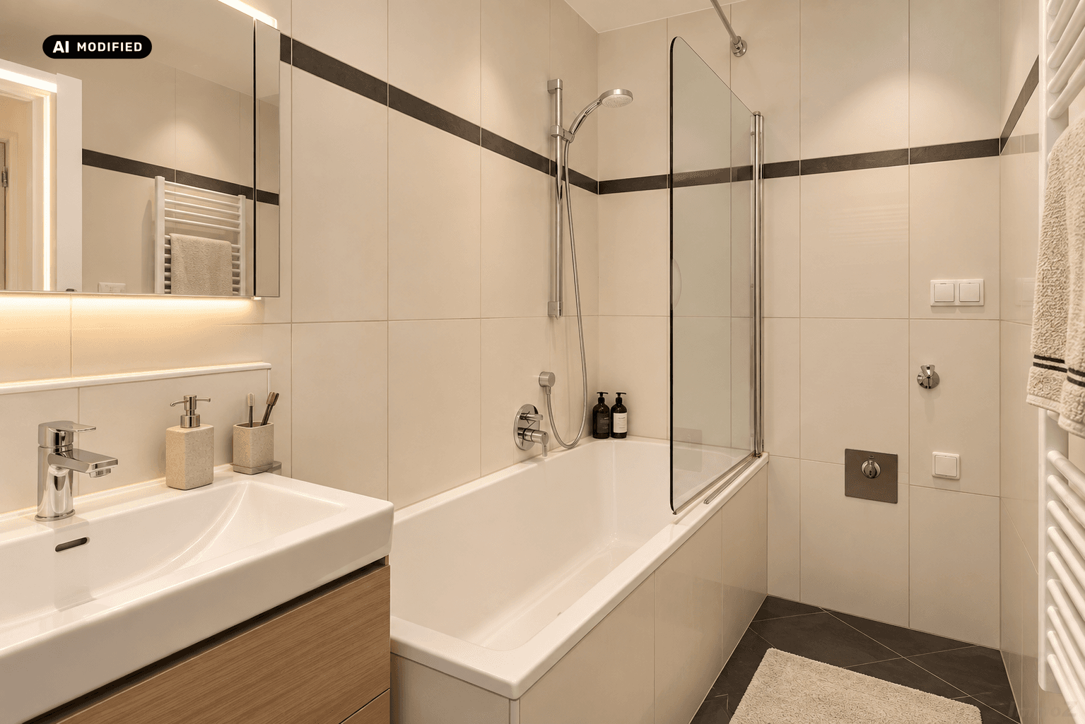 Modernes Badezimmer mit Badewanne, Duschabtrennung und Einzelwaschbecken.