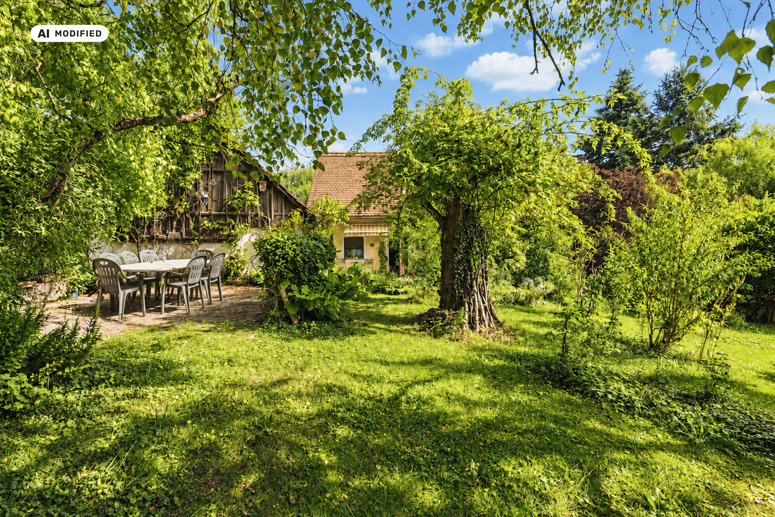 Weitläufiger Garten mit Rasenfläche, alten Bäumen und einem Essbereich im Freien unter dem Blätterdach.