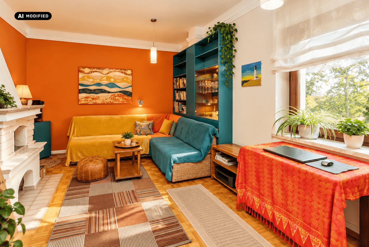 Helles Wohnzimmer mit Kamin, orangefarbenen Wänden, großem Fenster und einem Bücherregal.
