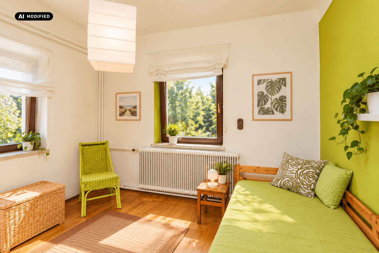 Helles Schlafzimmer oder Gästezimmer mit Einzelbett, grünen Akzenten und Blick ins Grüne.