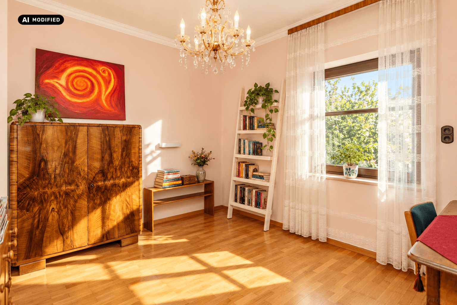 Heller Essbereich oder Mehrzweckraum mit großem Holzschrank, Kronleuchter und viel Tageslicht.