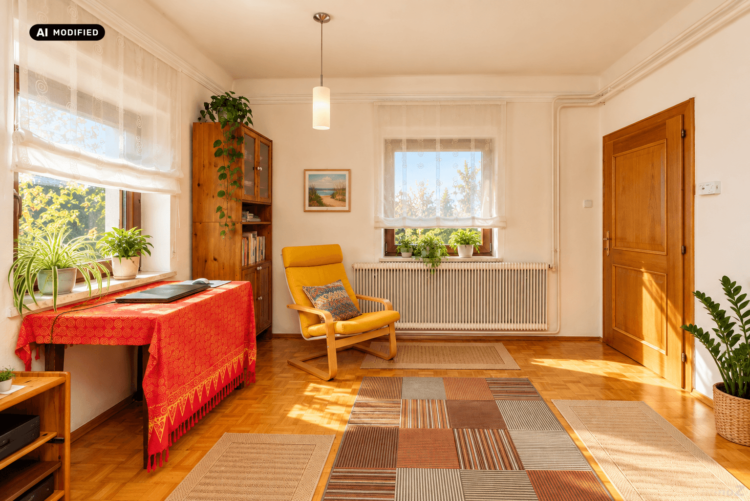 Helles Wohnzimmer oder Arbeitsbereich mit gelbem Sessel, Schreibtisch und großen Fenstern.