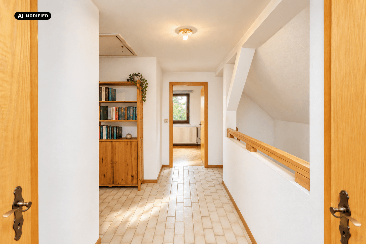 Heller Flur mit Fliesenboden, Holzgeländer und Blick in einen weiteren Raum.