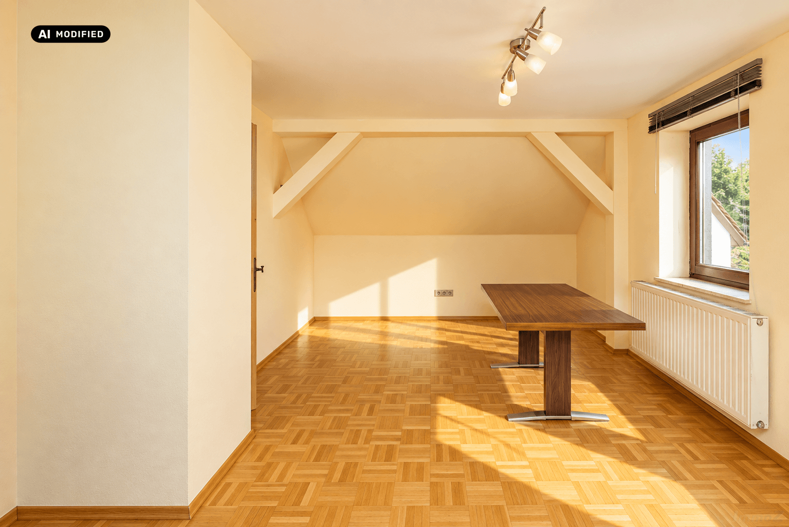 Geräumiger Dachbodenraum mit Parkettboden, Holzbalken und einem Holztisch.