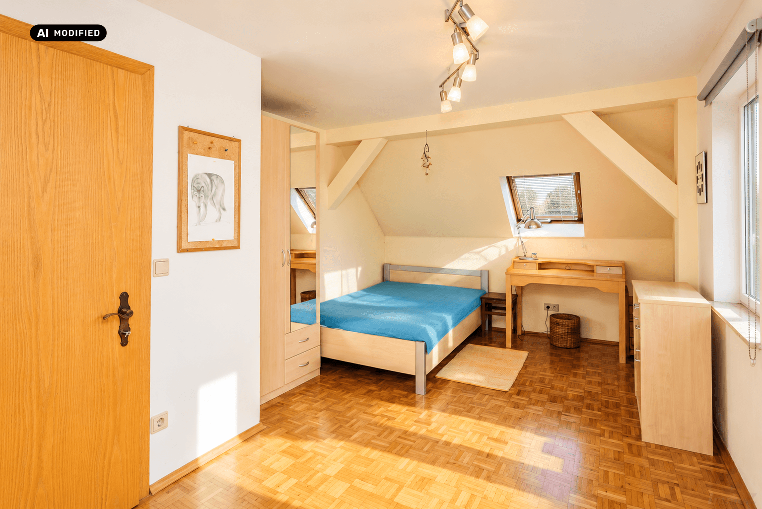 Schlafzimmer im Dachgeschoss mit Parkettboden, Bett und Schreibtisch.