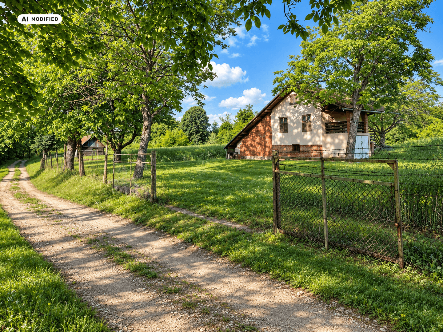 Feldweg führt an einem Zaun und einem Haus mit rotem Ziegeldach vorbei, umgeben von Bäumen und Gras.