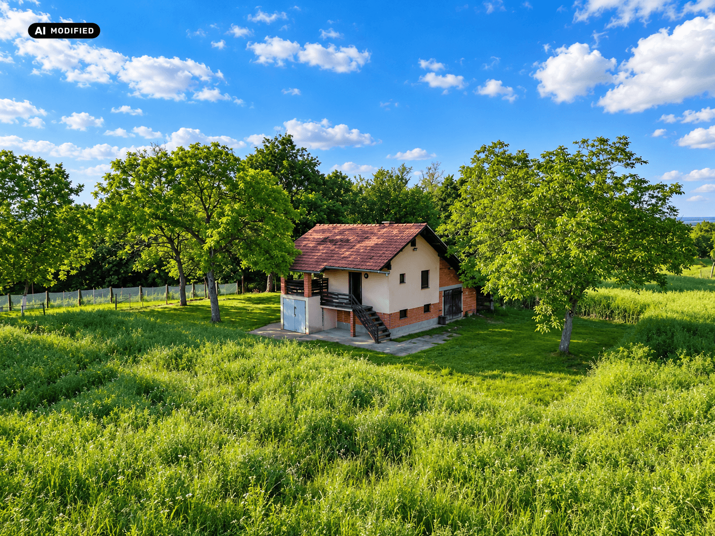 Luftaufnahme eines kleinen Hauses mit rotem Ziegeldach, eingebettet in grüne Felder und Bäume unter blauem Himmel.