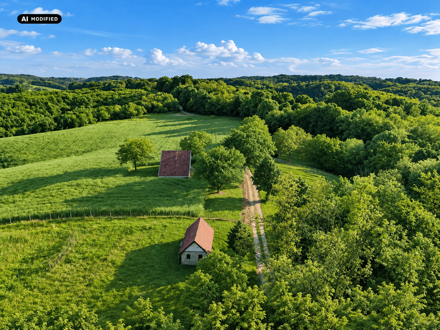 Weitläufige Luftaufnahme einer hügeligen, grünen Landschaft mit zwei kleinen Häusern und einem Feldweg.
