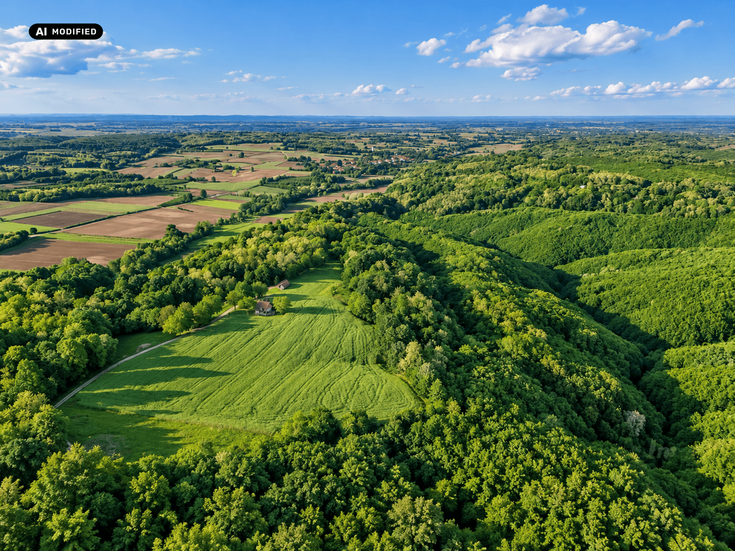 Panoramische Luftaufnahme einer weiten, grünen Landschaft mit Wäldern, Feldern und vereinzelten Häusern.