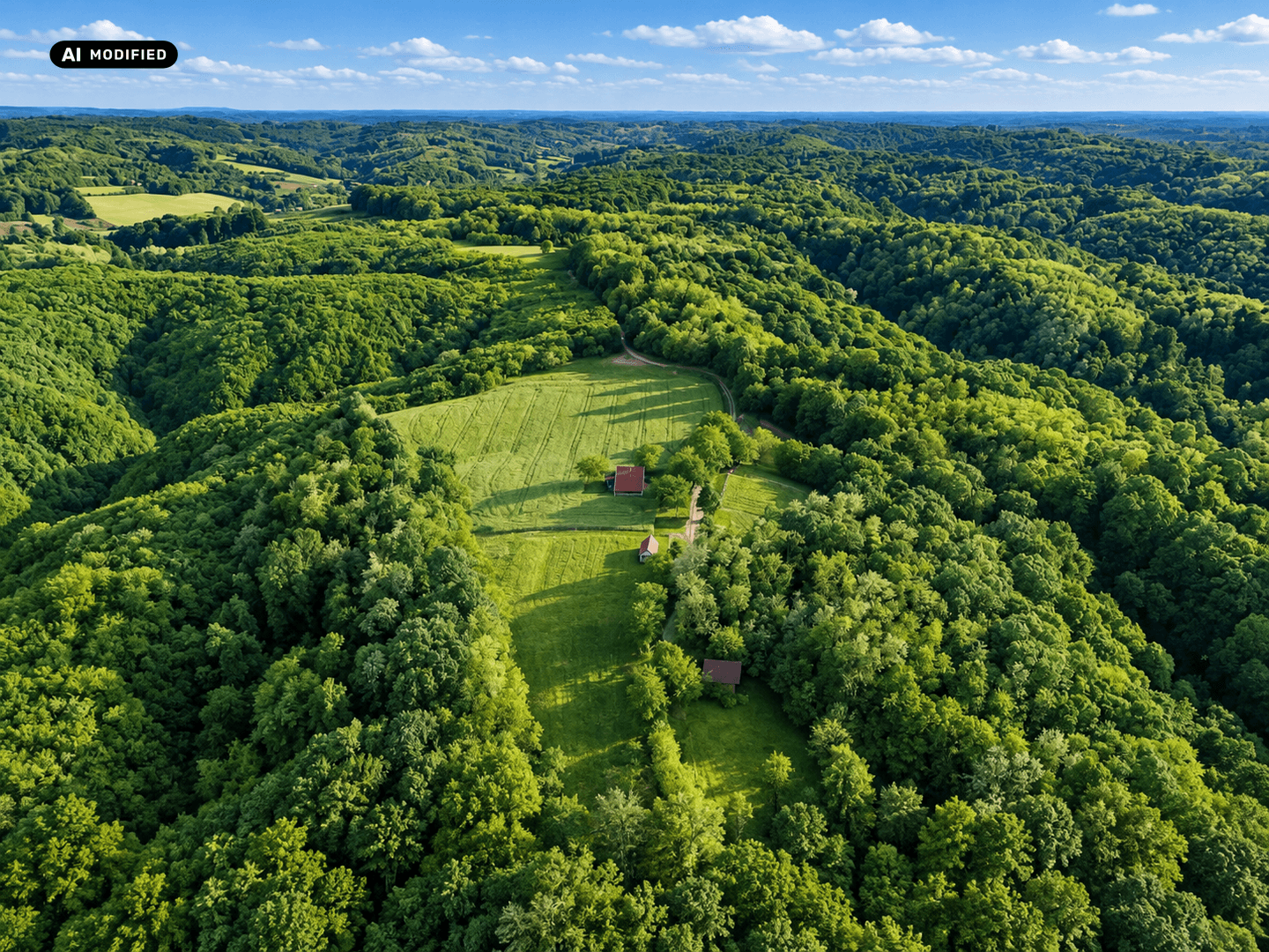 Ausgedehnte Luftaufnahme einer üppig grünen Hügellandschaft mit Wäldern und Feldern, unter blauem Himmel.