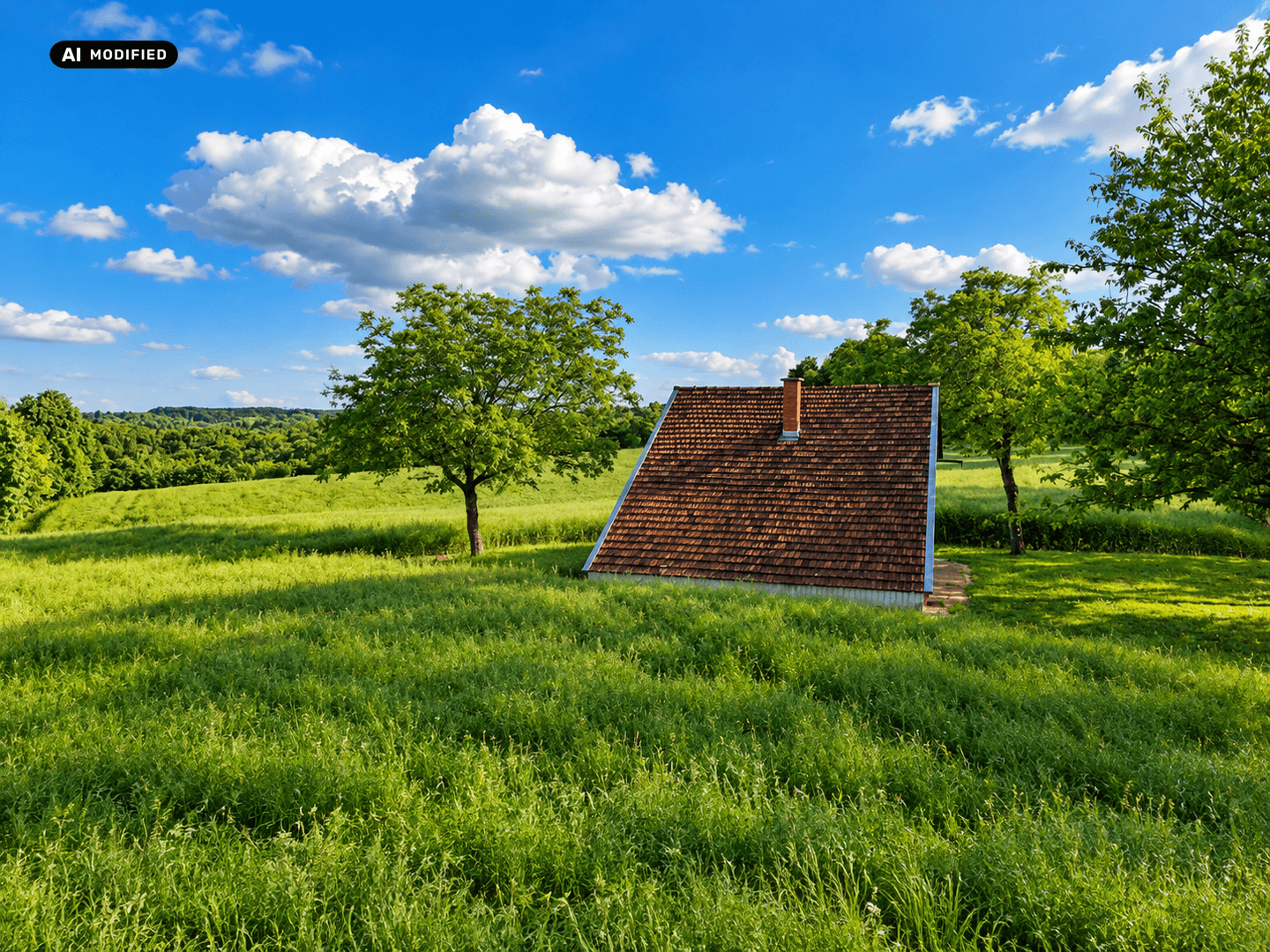 Kleines Haus mit rotem Ziegeldach, umgeben von hohem Gras und Bäumen unter einem strahlend blauen Himmel.