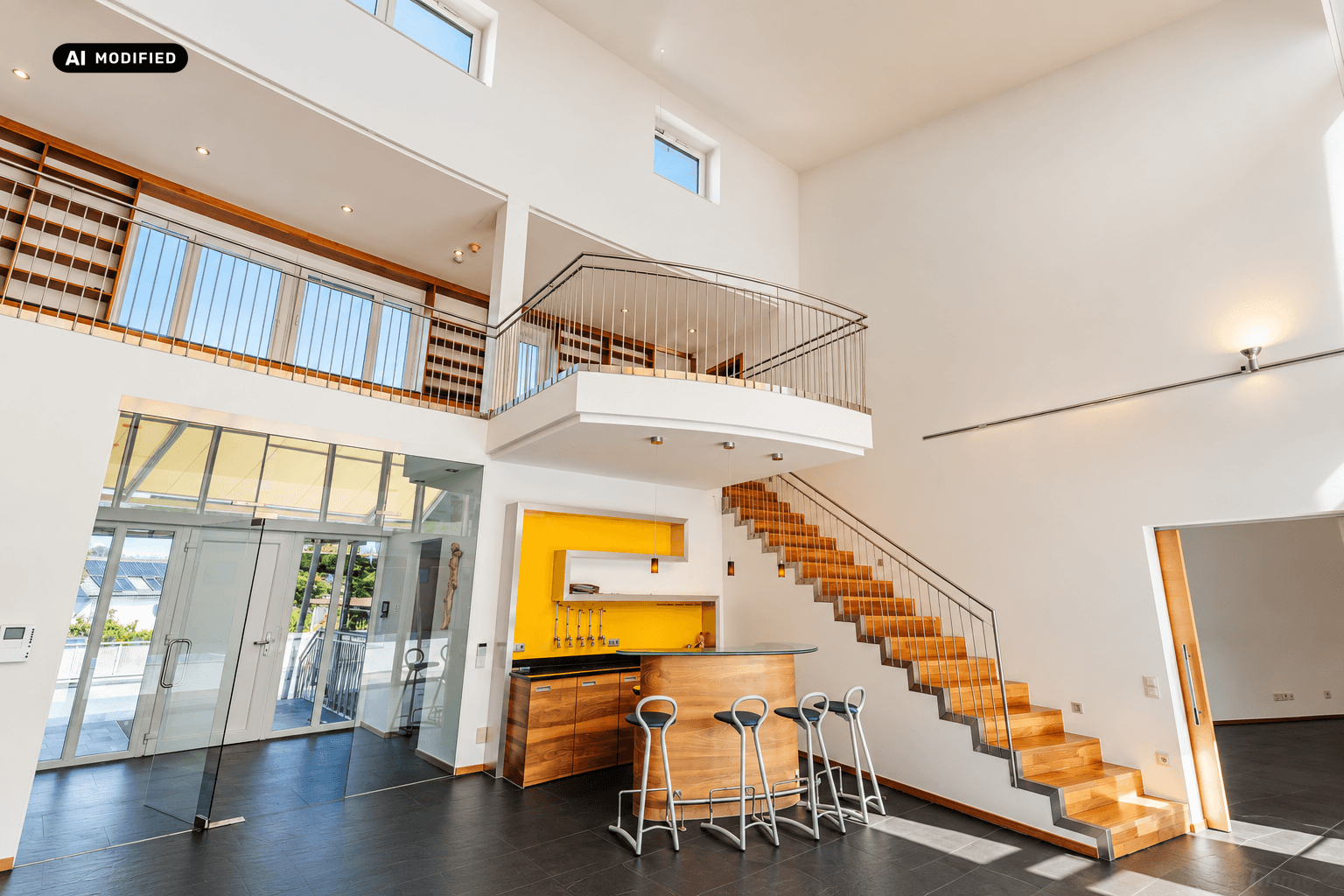 Hoher, lichtdurchfluteter Wohnbereich mit moderner Bar, offener Galerie und eleganter Holztreppe.