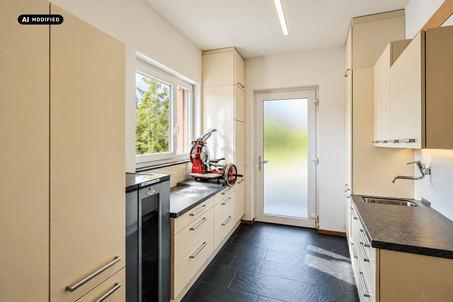 Funktionale Küche mit Arbeitsflächen, Stauraum und Fenster mit Blick ins Grüne.