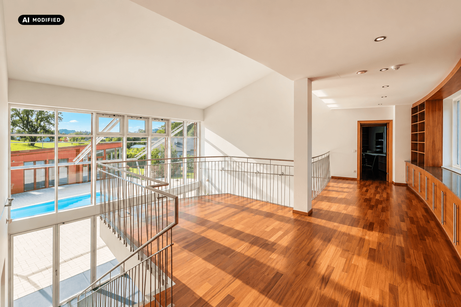 Helle Galerie im Obergeschoss mit Holzboden, Blick auf den Pool und integrierten Bücherregalen.