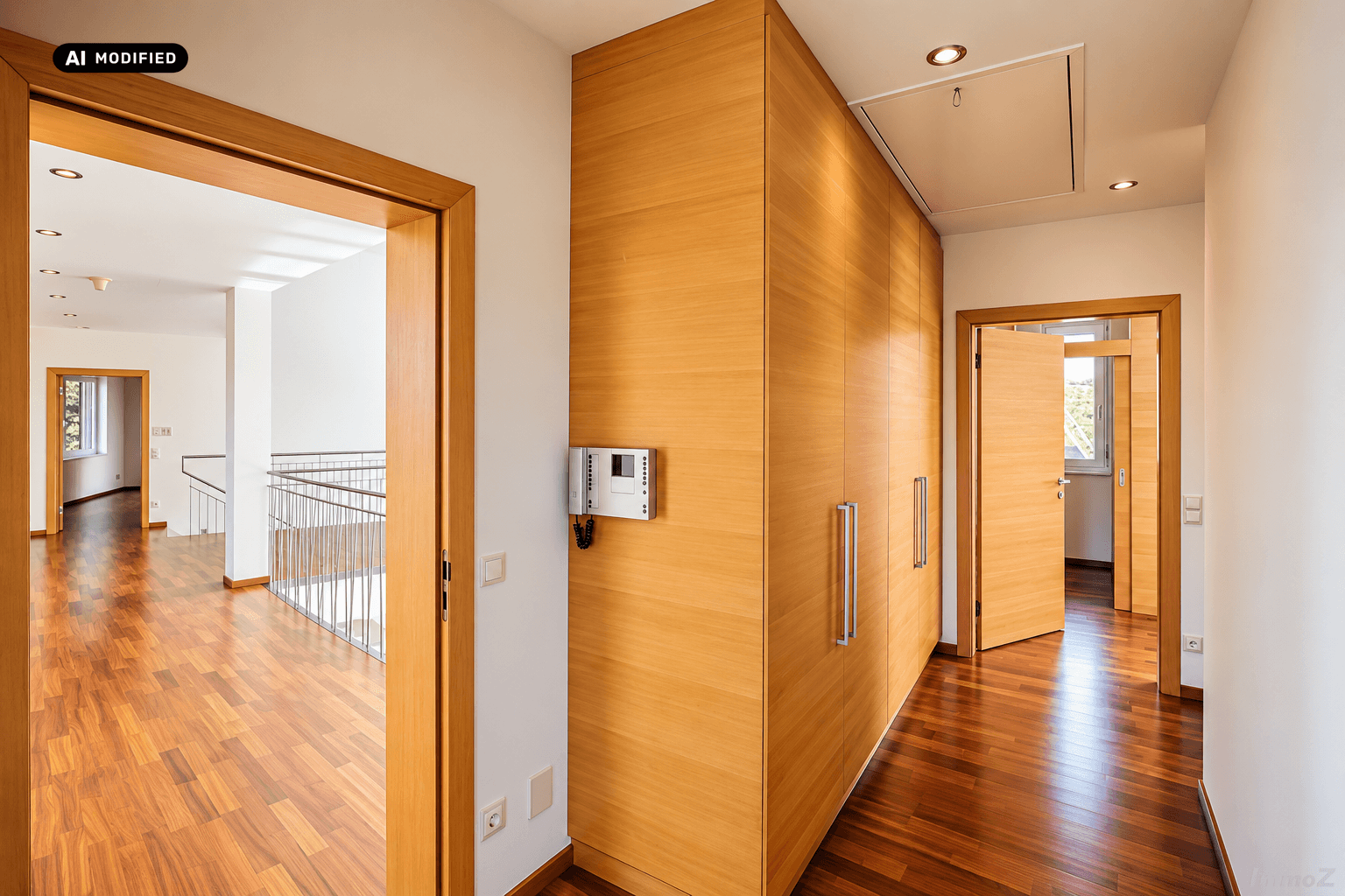 Heller Flur mit Einbauschränken aus Holz und durchgehendem Parkettboden.