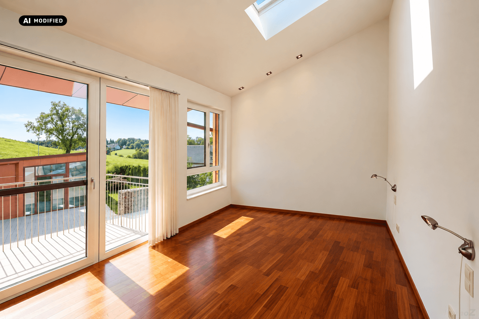 Helles Schlafzimmer mit Holzboden, Dachfenster und Zugang zu einem Balkon mit grüner Aussicht.