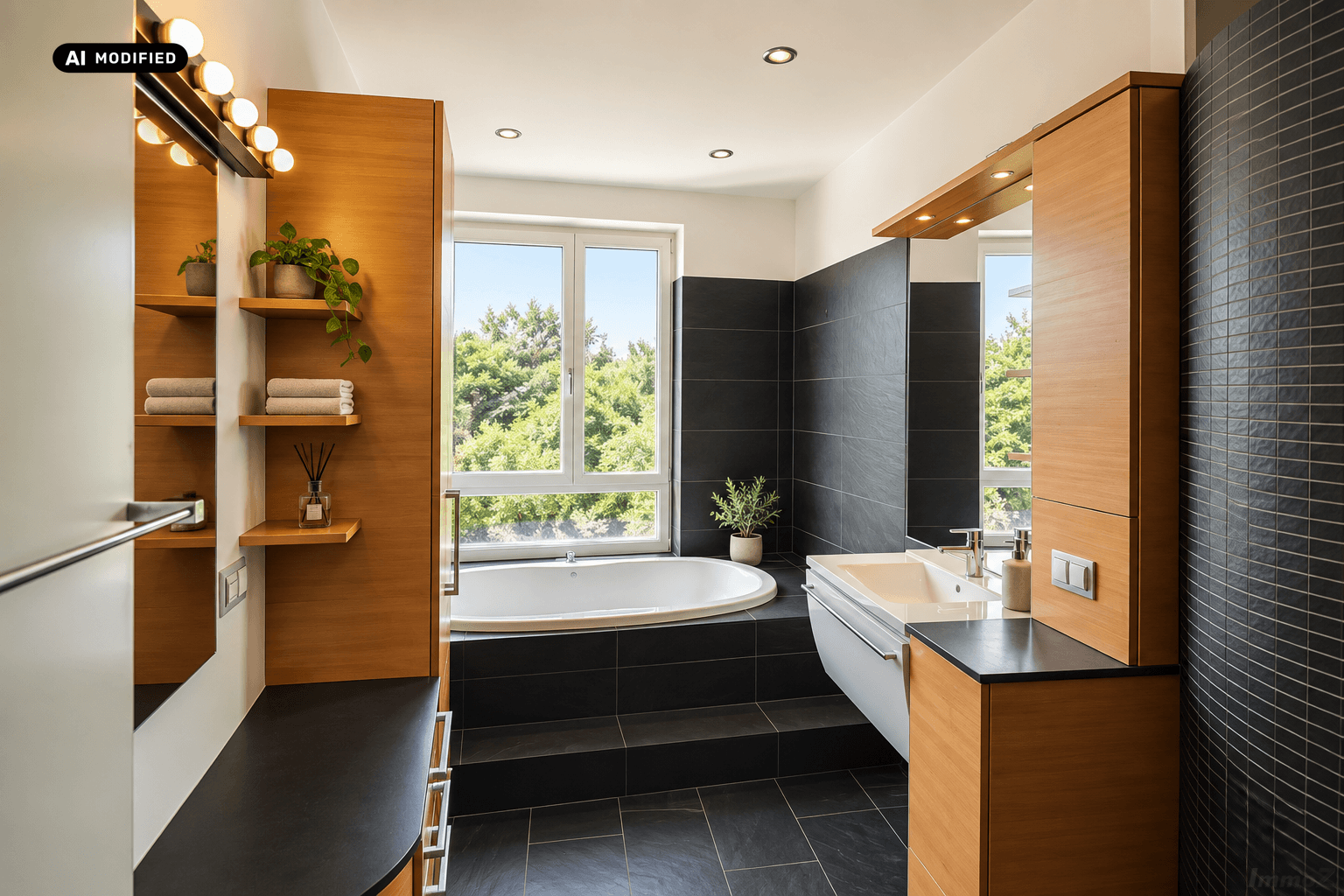 Modernes Badezimmer mit Badewanne, Doppelwaschbecken und Fenster mit Blick ins Grüne.