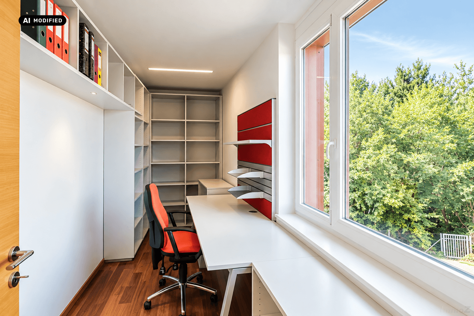 Helles Büro mit großem Fenster, integrierten Regalen und modernem Schreibtisch.