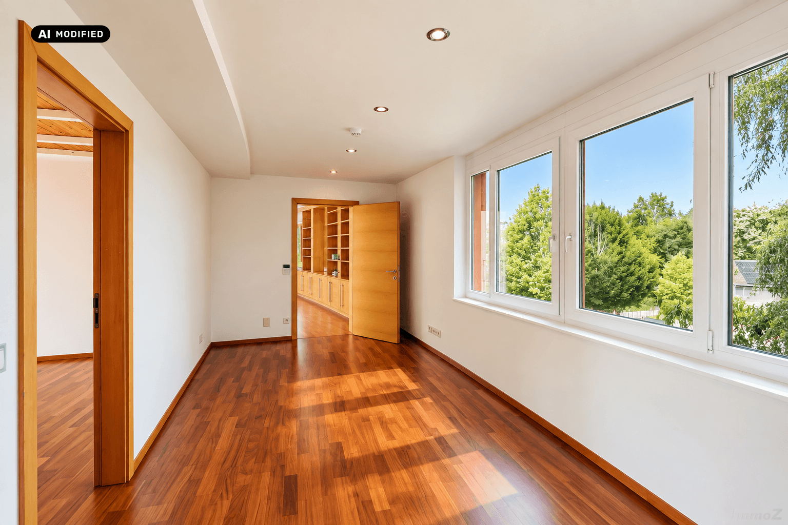Helles Schlafzimmer mit Holzboden, großen Fenstern und Blick auf die grüne Landschaft.