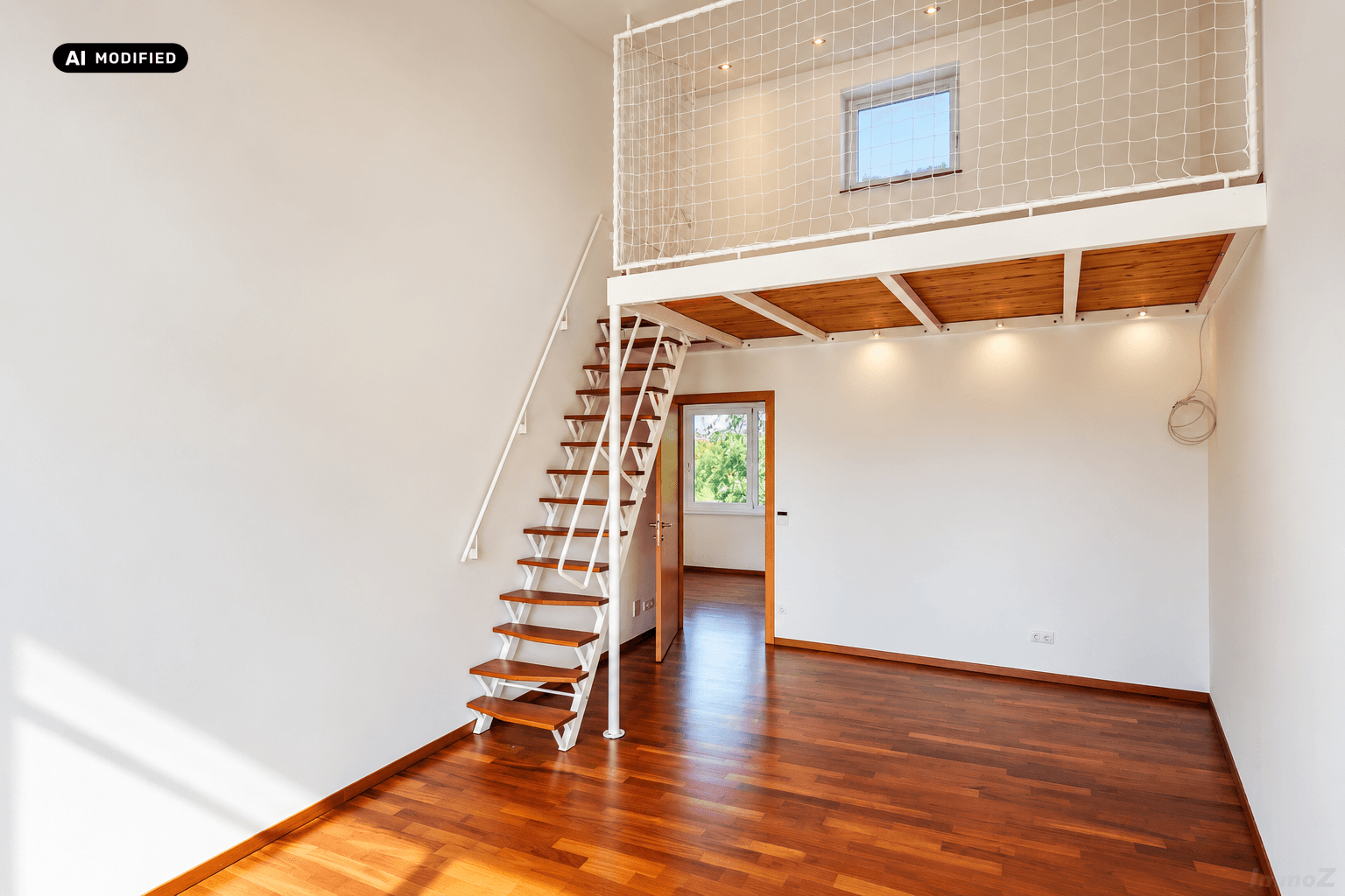 Schlafzimmer mit Hochbett-Konstruktion, Holztreppe und Holzboden, ideal für Kinder oder Gäste.