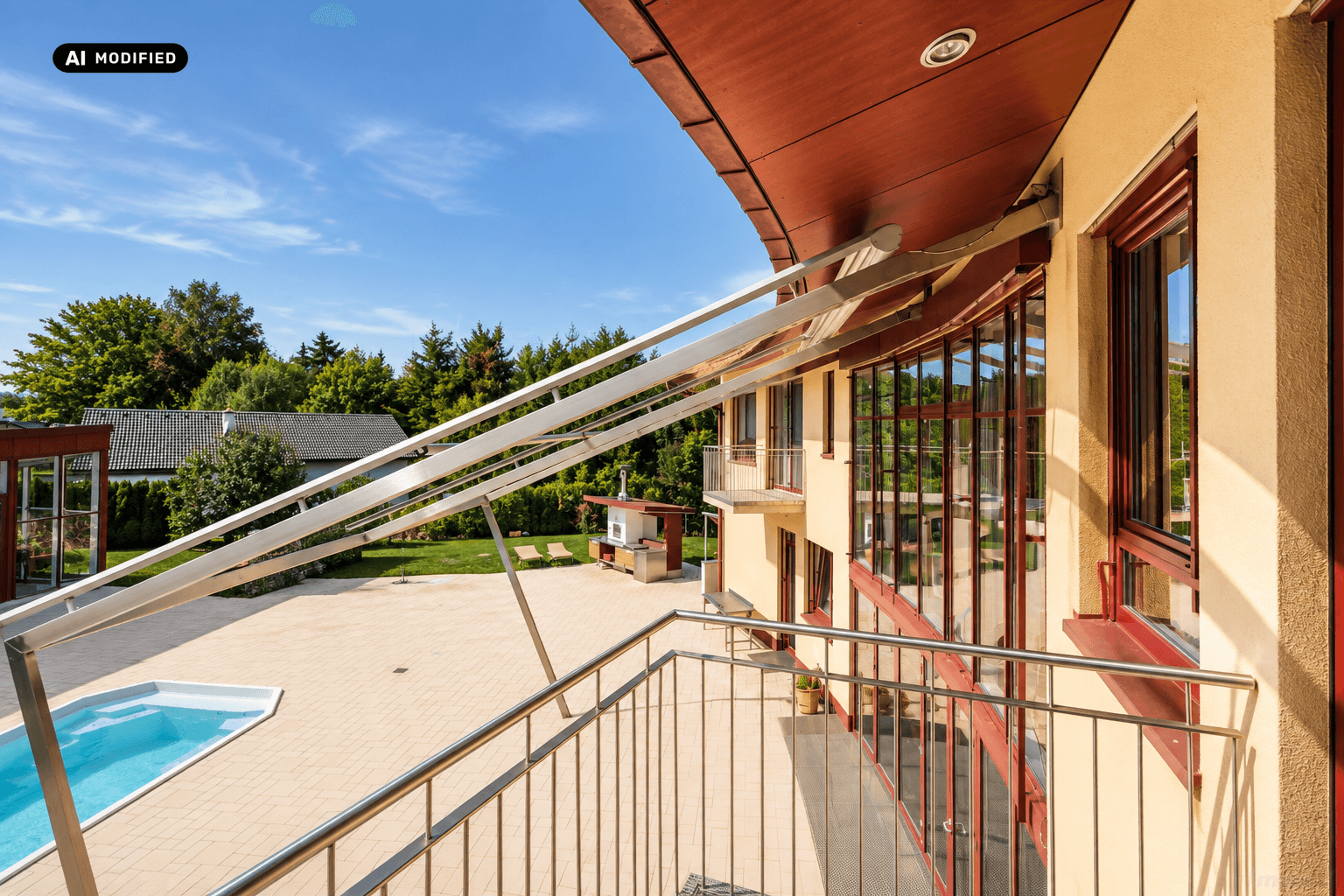 Balkon mit Metallgeländer und Blick auf den Poolbereich und die umliegende Landschaft.