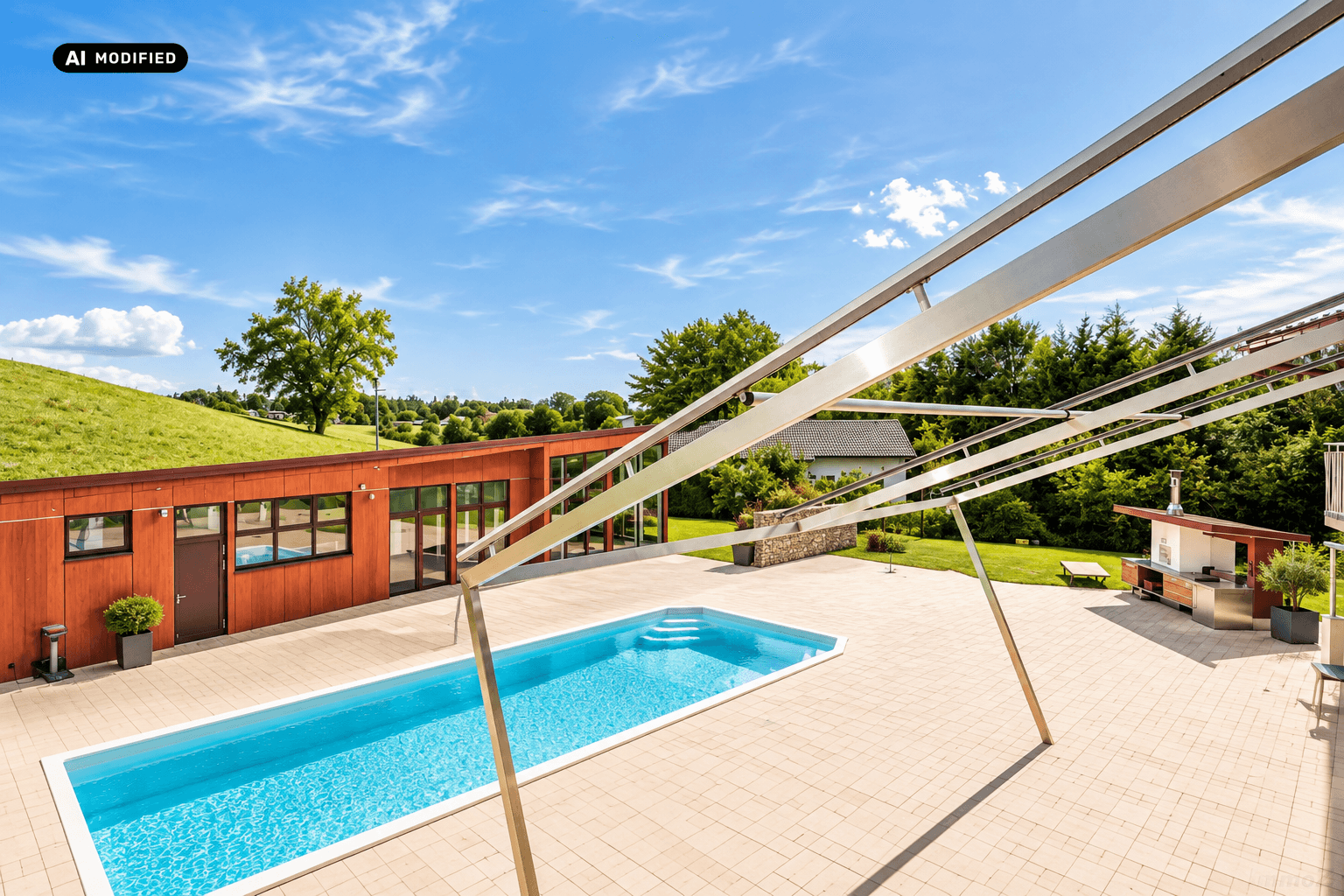 Außenbereich mit großem Pool, gepflasterter Terrasse und angrenzendem Gebäude mit Gründach.