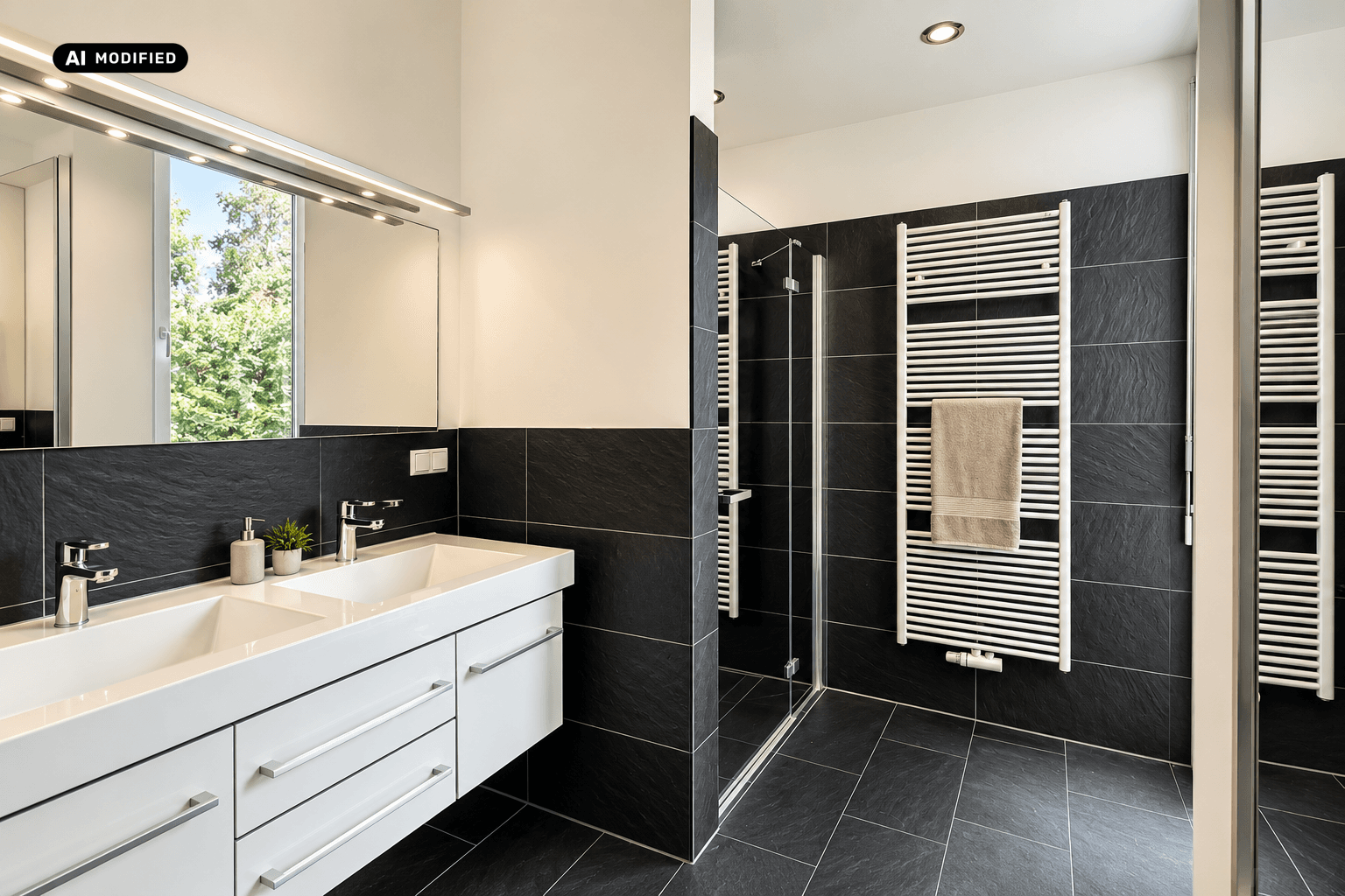 Modernes Badezimmer mit Doppelwaschbecken, großer Dusche und beheiztem Handtuchhalter.