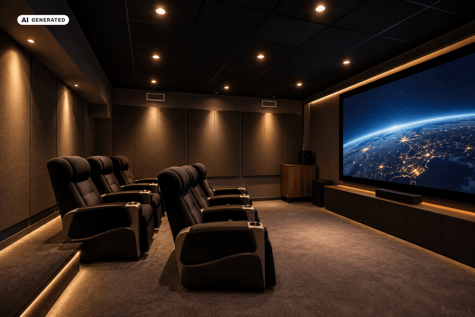 Luxuriöser Heimkinoraum mit bequemen Kinosesseln und großer Leinwand für Filmerlebnisse.