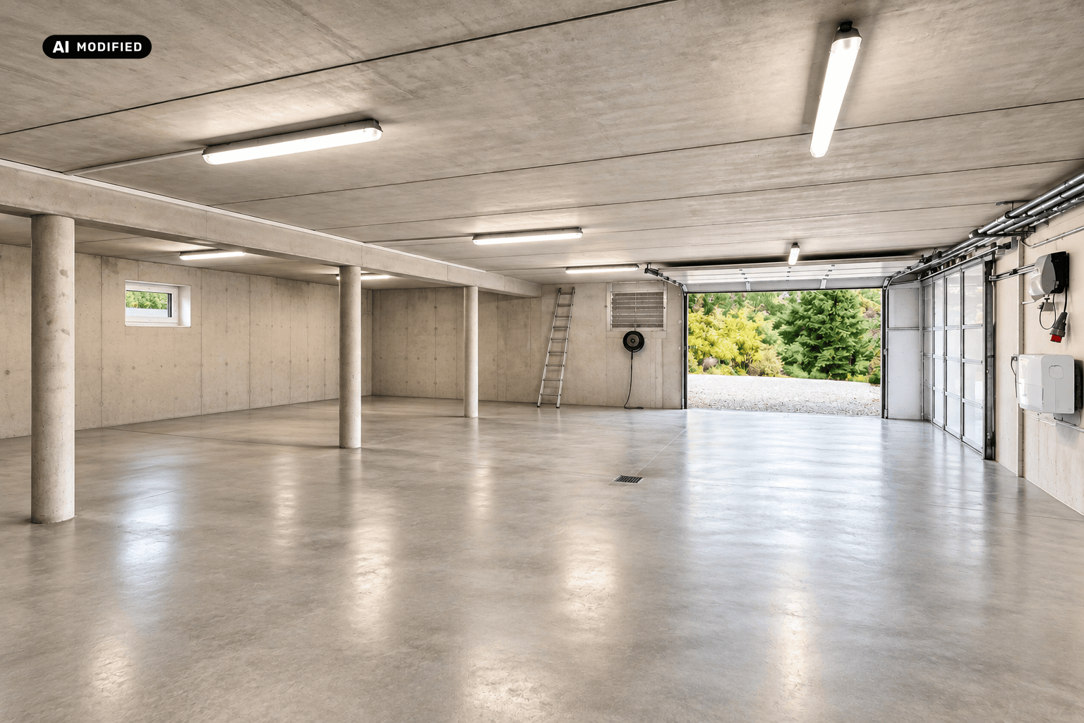 Geräumige Garage mit Betonboden und -wänden, Tageslichtfenster und offenem Garagentor zur Natur.