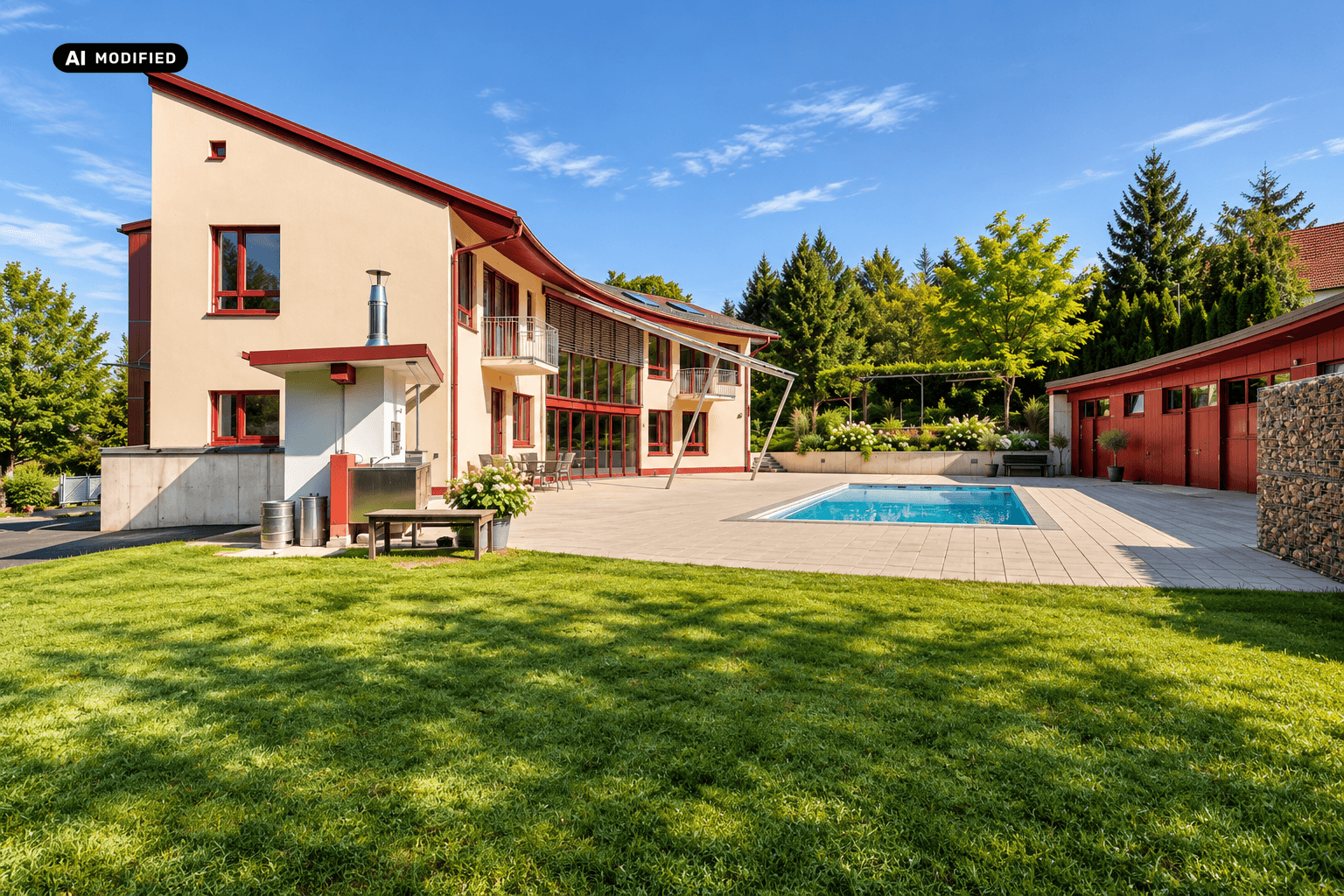 Moderne Villa mit großem Garten, Swimmingpool und weitläufiger Terrasse umgeben von Grün.