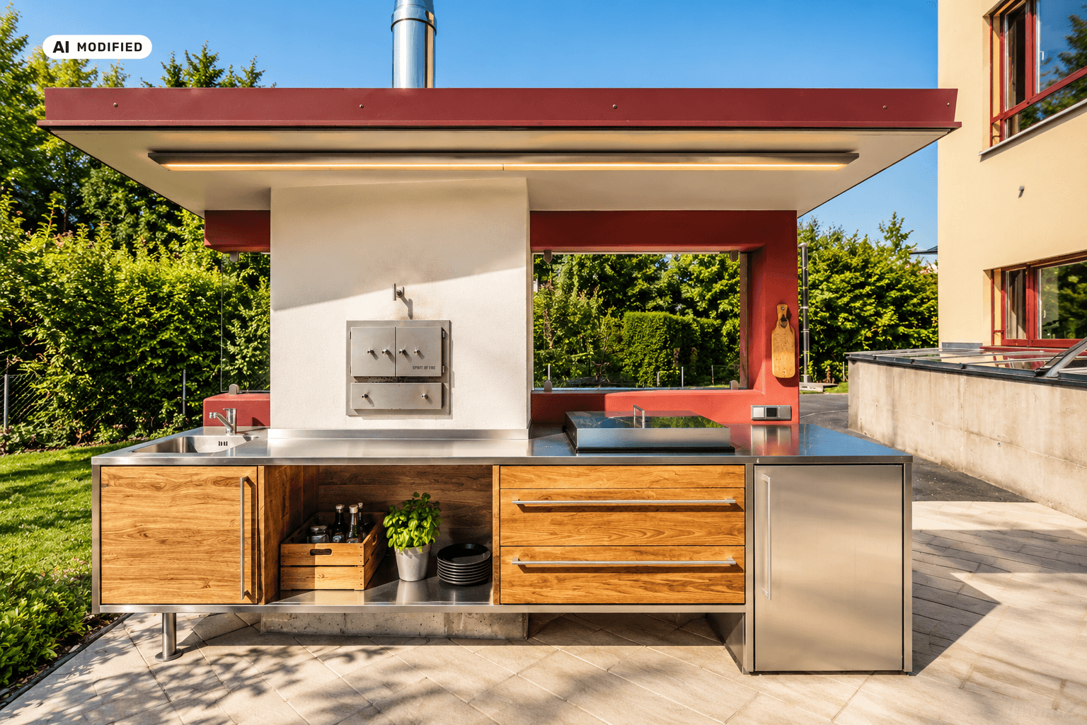 Hochwertige Außenküche mit Grill, Spüle und Arbeitsflächen auf einer sonnigen Terrasse.