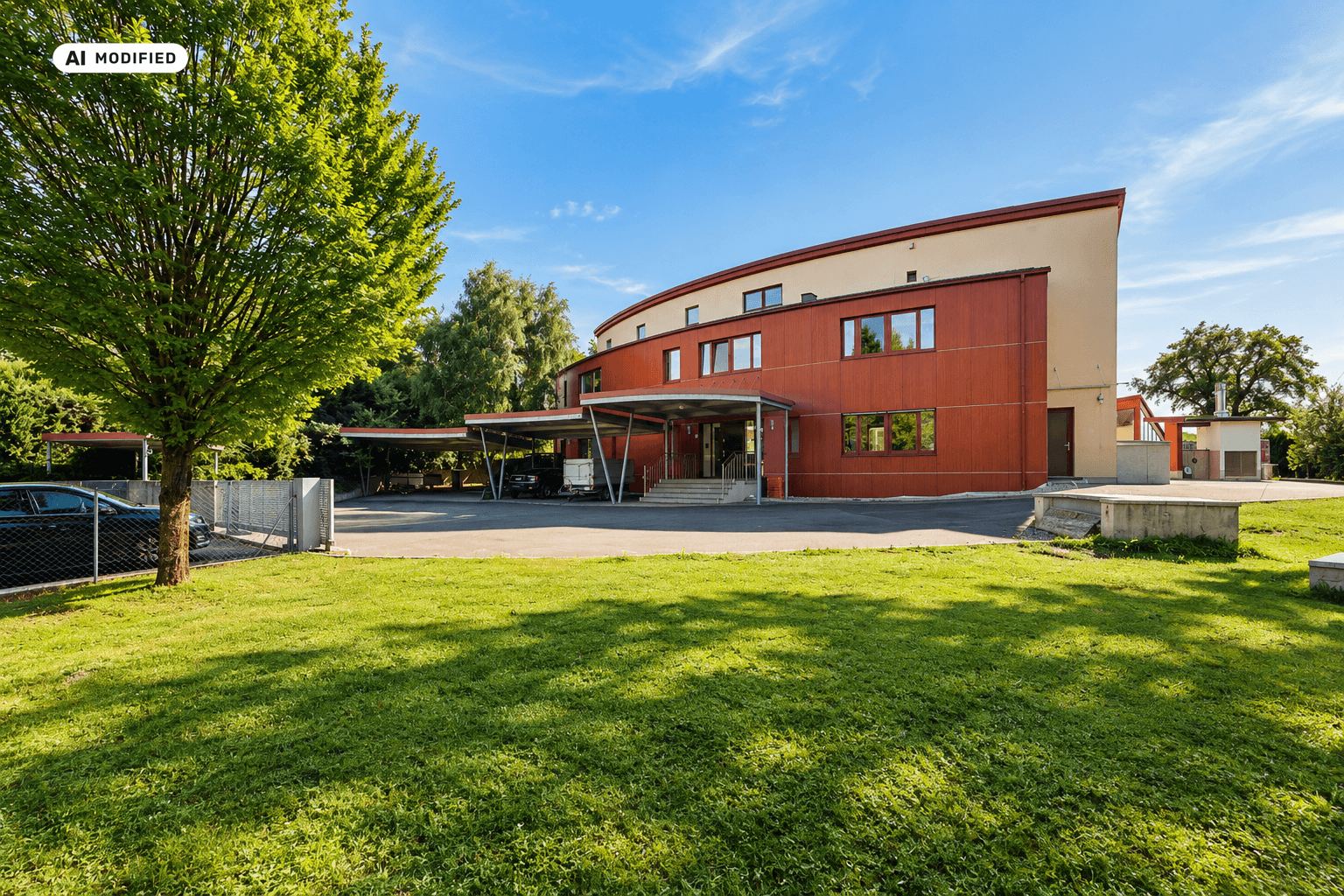 Moderne Architektur des Gebäudes mit geschwungener Fassade, Carport und gepflegtem Vorgarten.