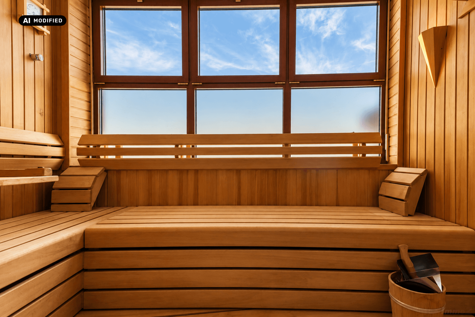 Traditionelle Holzsauna mit breiten Bänken und einem Fenster, das Tageslicht hereinlässt.
