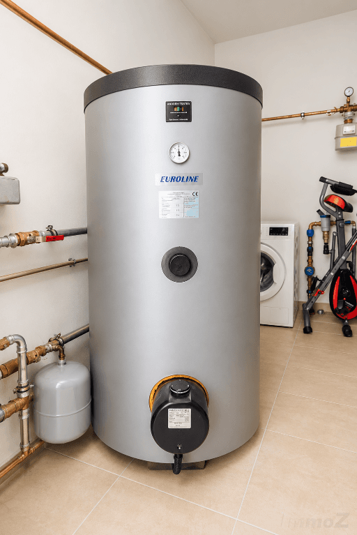 Hauswirtschaftsraum mit großem Warmwasserspeicher, Waschmaschine und Fliesenboden.