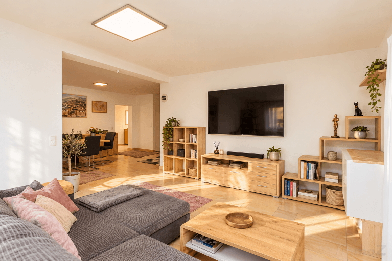 Helles Wohnzimmer mit modernem Mobiliar, Fliesenboden und offenem Übergang zum Essbereich.