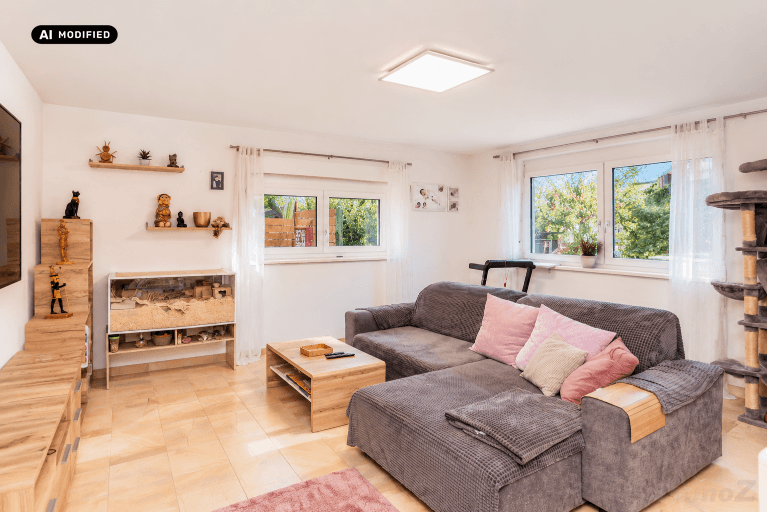 Gemütliches Wohnzimmer mit großem Ecksofa, Fliesenboden und Blick in den Garten.