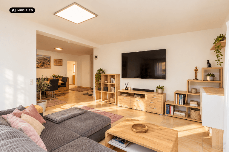 Geräumiges Wohnzimmer mit hellem Fliesenboden, modernen Holzmöbeln und offener Verbindung zum Essbereich.