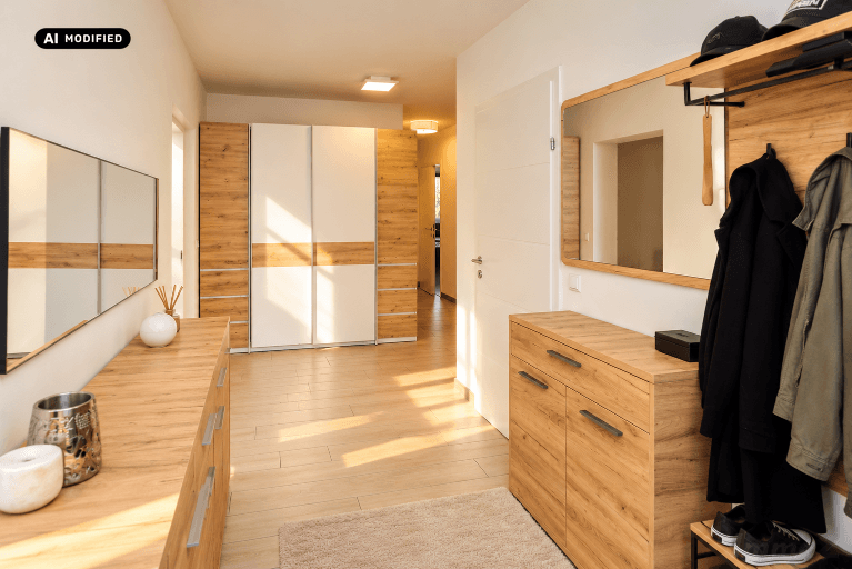 Heller Flur mit Holzoptik-Boden, modernen Schiebetürenschränken und Garderobenbereich.