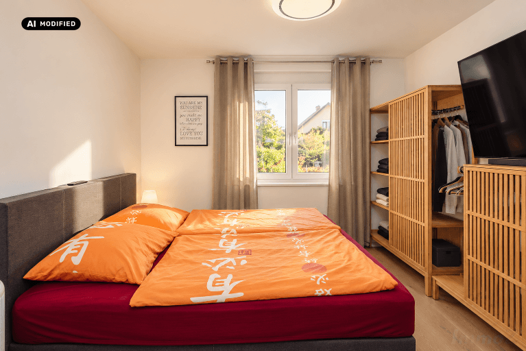 Helles Schlafzimmer mit Doppelbett, Holzregal und Fenster mit Blick ins Grüne.