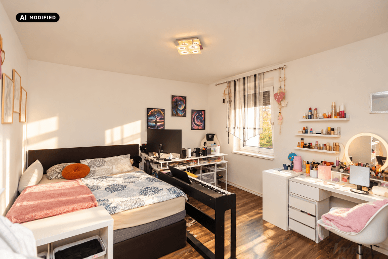 Jugendzimmer mit Bett, Schreibtisch, Schminktisch und Fenster für viel Tageslicht.