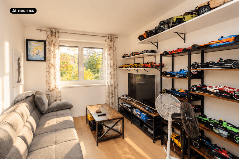 Kleines Wohnzimmer mit Sofa, Fernseher und Regalen voller Modellautos, hell und gemütlich.