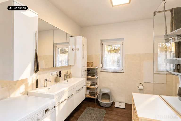 Modernes Badezimmer mit Doppelwaschbecken, Spiegelschrank, Waschmaschine und Fenster.