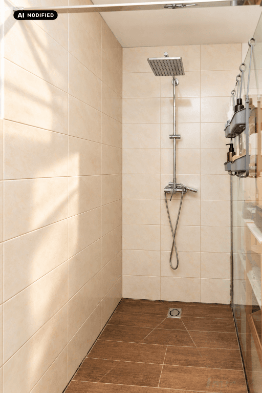 Geräumige, ebenerdige Dusche mit Regenduschkopf und beigefarbenen Fliesen.